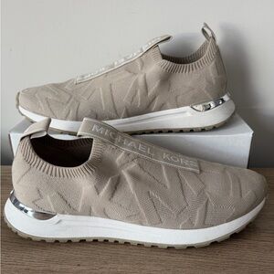 Michael Kors Beige Knit Slip-On Sneakers with Silver Accent